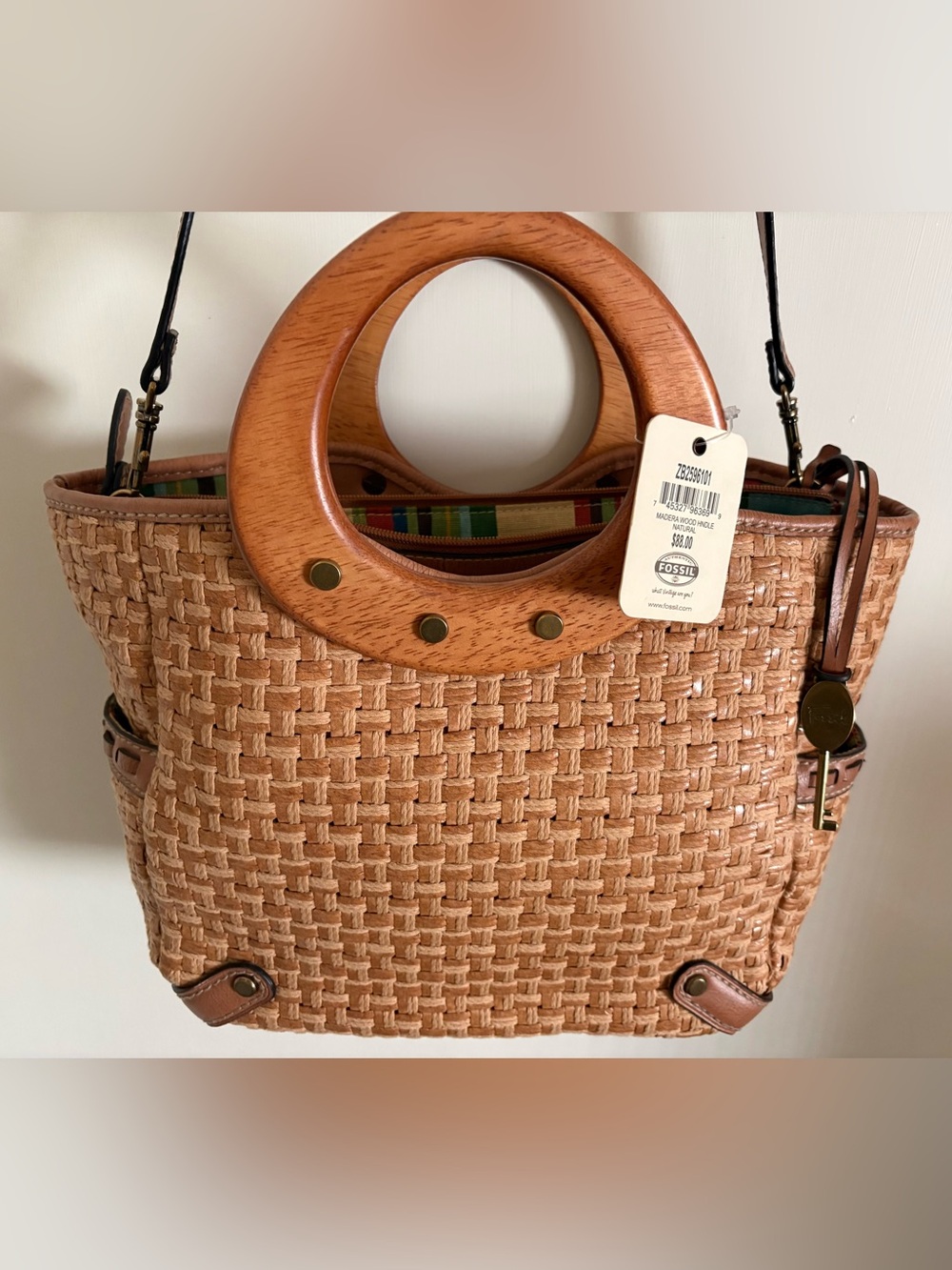 Fossil Tan Woven Tote with Circular Wood Handles - Picture 3 of 14